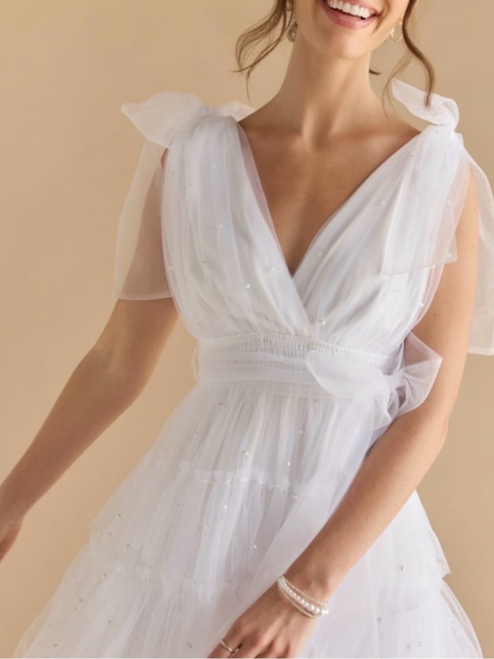 Francesca’s Limelight Collection Judy Tulle Pearl Accented White Tulle Dress Sm